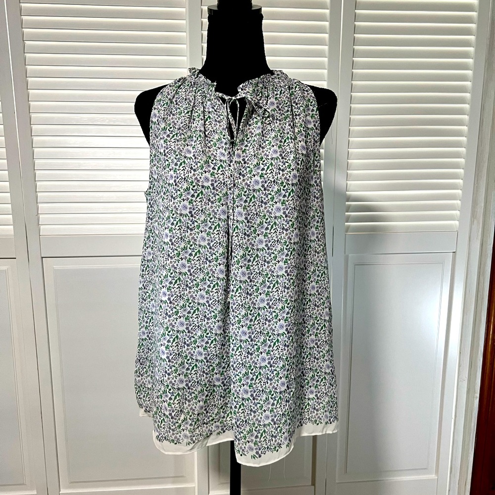Sleeveless, green/purple/white floral blouse